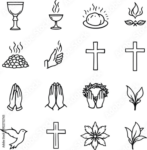 A collection of Christian symbols and icons in a simple line art style silhouette