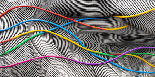 Blue and red cables intertwined with blue and yellow or white lines create a colorful vector wave pattern and digital technology backdrop featuring artistic curves and light shapes for a business temp
