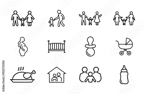 Family Life Outline Icons Set with Parents, Children, Baby and and Pregnancy