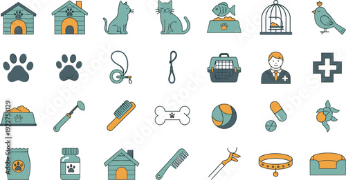 Pet Care And Veterinary Icon Set, Animal Clinic, Dog And Cat Accessories, Grooming, Food, Medicine Cartoon Vector Illustration Collection