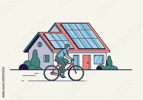 Solar Panel House and Cyclist Sustainable Living