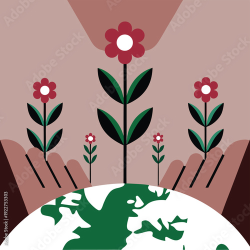 Flat illustration of hands nurturing flowers growing from Earth symbolizing sustainability environmental care climate action green growth and global responsibility concept