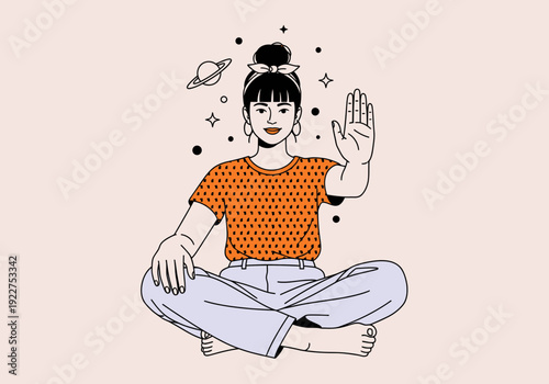 Woman Sitting Cross Legged Calm Stop Gesture Mindfulness Illustration