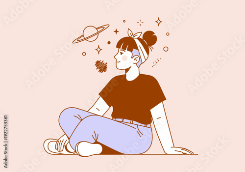 Young Woman Sitting Cross Legged Dreaming Illustration