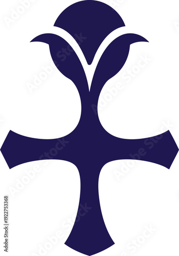 Abstract blue graphic symbol of a stylized cross merged with a blooming flower or bud