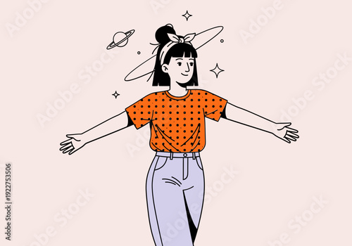 Woman Standing with Open Arms Positive Aura Cosmic Illustration
