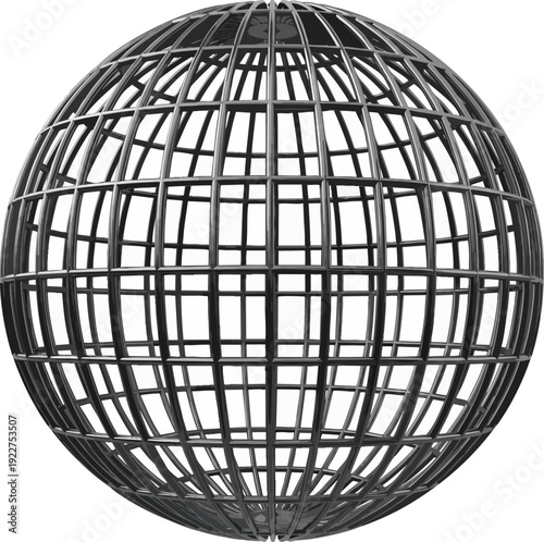 Abstract 3D rendering of a dark metallic globe cage structure, symbolizing restriction, global control, or digital security challenges