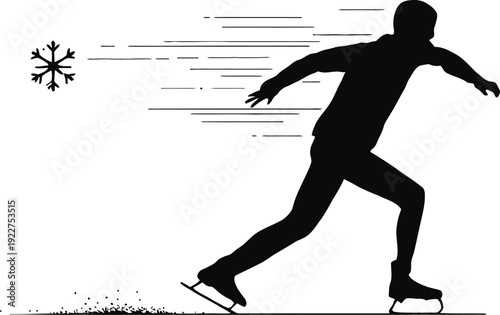 A silhouette of a person ice skating quickly across a frozen surface with a snowflake nearby silhouette