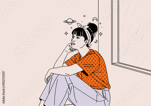 Thoughtful Woman Sitting by Window Dreaming with Stars Illustration