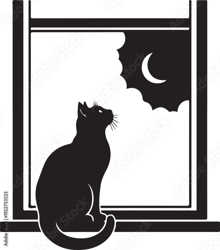 Minimalist solid black silhouette of a cat sitting on a window sill looking at the moon.
