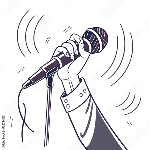 A hand holding a microphone with sound waves emanating from it