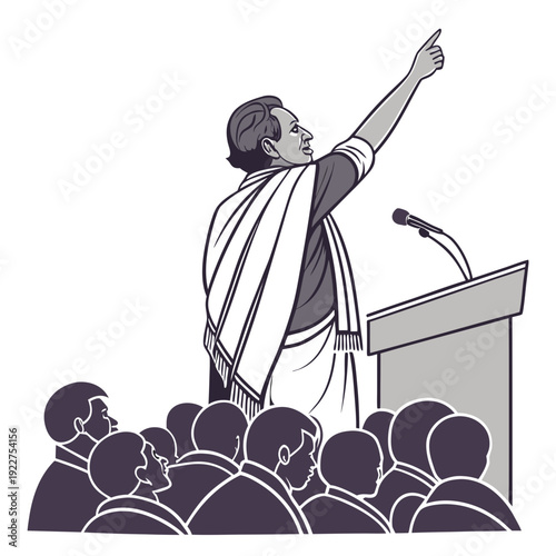 A man giving a speech to a crowd from a podium