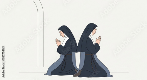Two nuns kneeling in prayer hands clasped together in devotion simple line art style minimalistic background