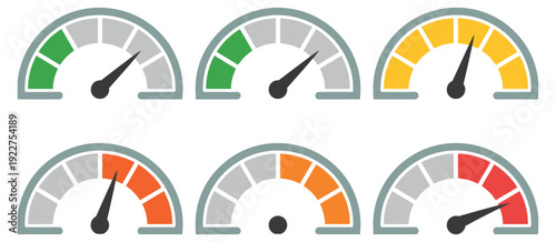 Speedometer gauge icons vector set with green, yellow, orange, and red levels, representing vehicle performance