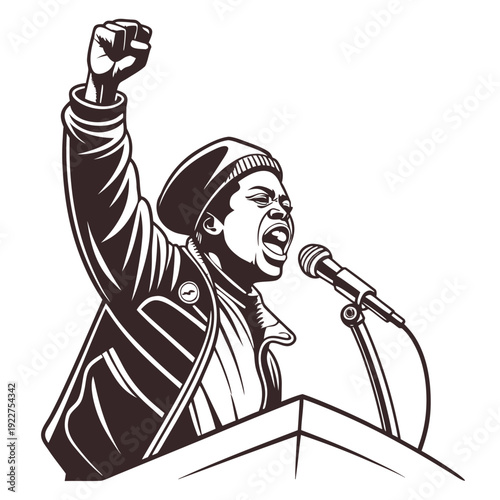 A woman with her fist raised in a powerful gesture while speaking at a podium