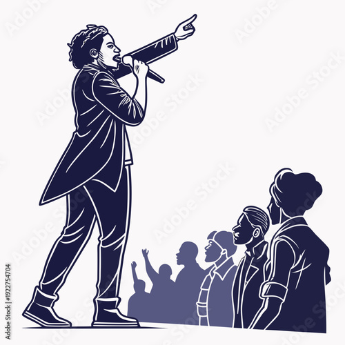 A man in a suit sings into a microphone on stage