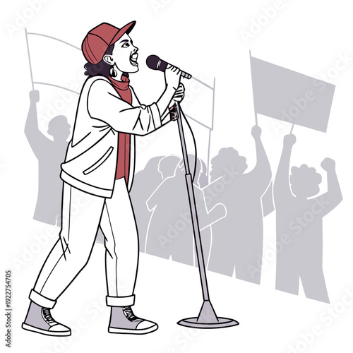 A cartoon man in a red hat speaks into a microphone