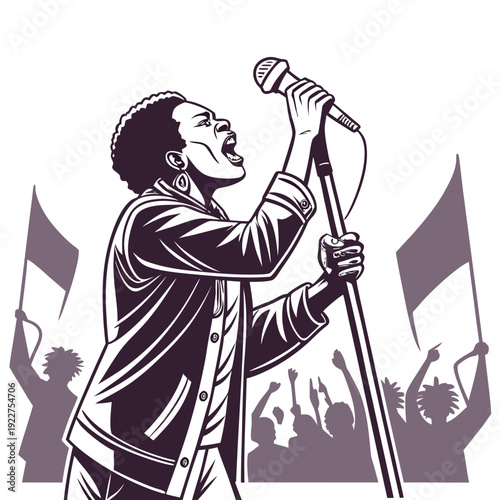 A man singing into a microphone with a crowd