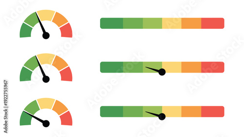 Scale icon vector with circular bar and level indicator, representing rating, temperature, speed, and energy measurement