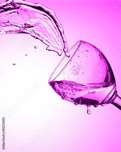 Liquid splashes from tilted glass with purple lighting.