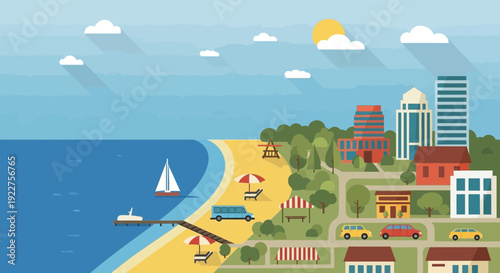 Beach Scene with Buildings and Boats.