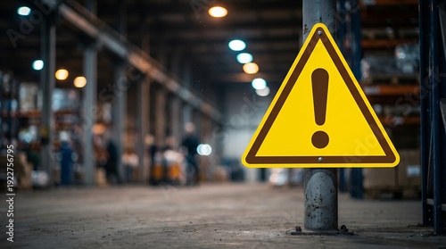Yellow triangular warning sign with exclamation mark affixed to metal pole inside blurry warehouse setting with lights and shelves caution hazard danger alert attention risk