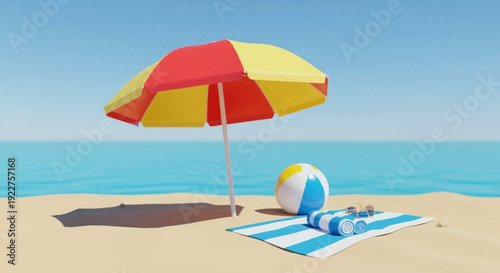 Colorful Beach Umbrella and Towel on Sand.
