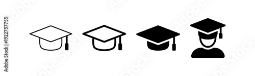 Minimal graduation cap icon set representing education, learning, academic achievement, student avatar and student success