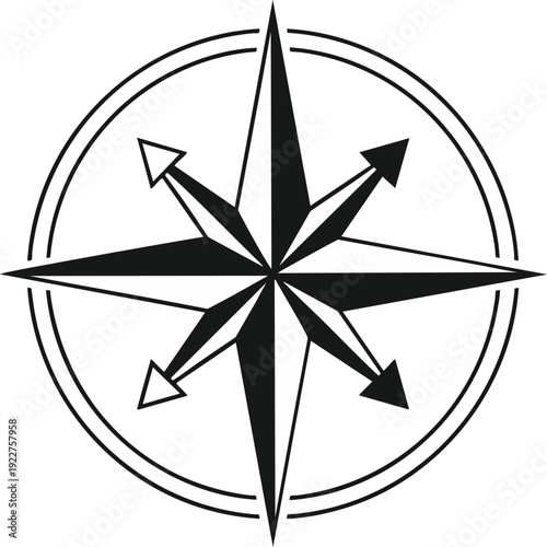 Classic black and white compass rose vector icon, symbolizing navigation, direction, journey, and exploration concepts. Ideal for travel designs