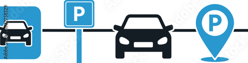 Automotive Parking Navigation Icons with Car Silhouette and Location Map Pin Symbols