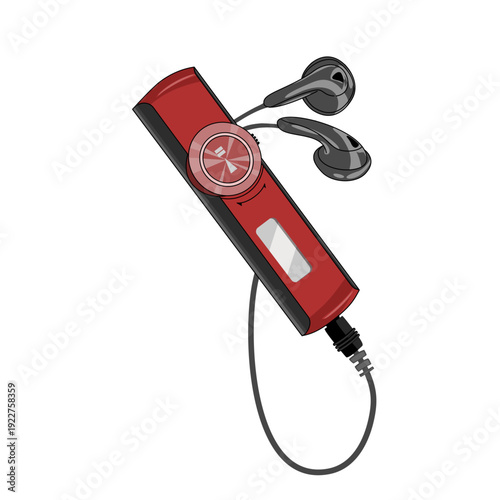 a red and black mp3 audio player with earphones. Retro style audio player technology