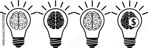 Lightbulb Brain Icons Set Representing Creative Thinking Intellect and Profitable Business Ideas