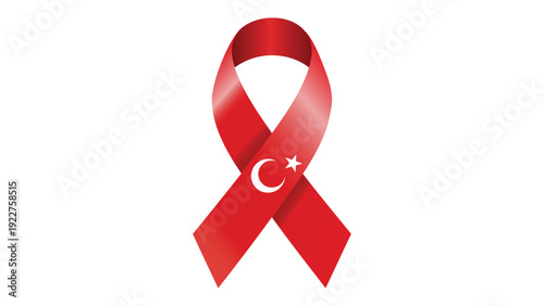 Turkey flag awareness ribbon with crescent and star isolated on white background, patriotic Turkish national symbol for solidarity, support campaign concept