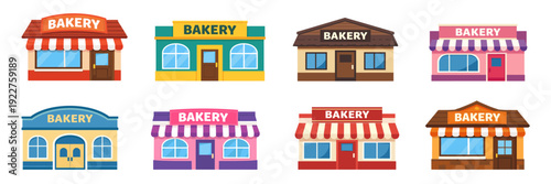 Bakery building collection in flat cartoon style featuring bakeries with awnings, warm color palettes, and friendly storefront designs for food concepts
