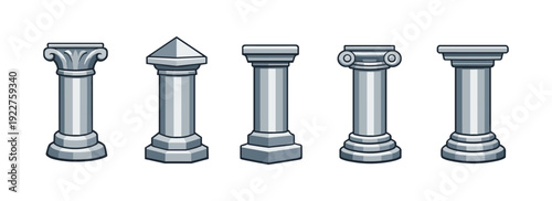 Tower rome collection in cartoon style. Set of greek tower icon in different shape