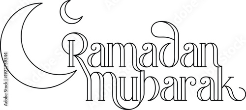 Ramadan Mubarak Greeting Typography with Crescent Moon Outline for Islamic Holidays and Eid Celebration