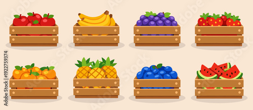 Fruit box shop collection in cartoon style. Market box with different fruits