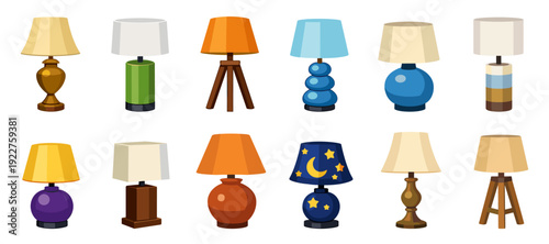Table lamps collection in cartoon style. Set of table lamps in different shapes and colors