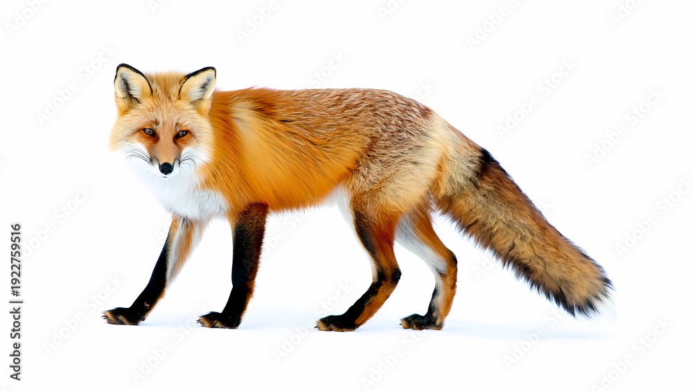 Obraz premium Red fox walking in snowy landscape with white background