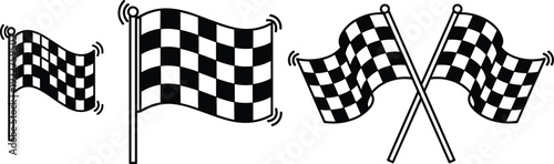 Black and White Checkered Racing Flag Set with Crossed Finish Line Flags and Waving Competition Symbols