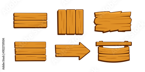 wooden signs collection in cartoon style. Set of different signs from wood in different shape