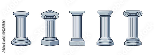 Tower rome collection in cartoon style. Set of greek tower icon in different shape