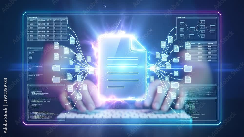 Vidéo Stock Neon document file and folder visualization with glowing ...