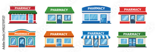 Pharmacy building collection in flat cartoon style showing drugstores with clear medical storefront design suitable for healthcare visuals
