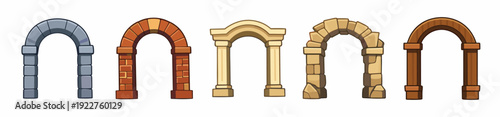 Arch entrance icon collection in cartoon style. Set of arch in different shape and color