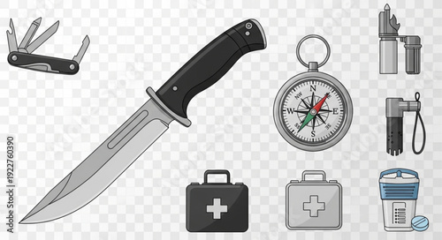 Survival Gear Collection Including Knife Compass and First Aid Kit.