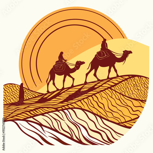 Two camels walking on a desert dune at sunset