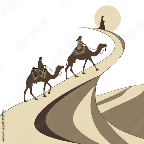 Two camels walking through the desert with a sun