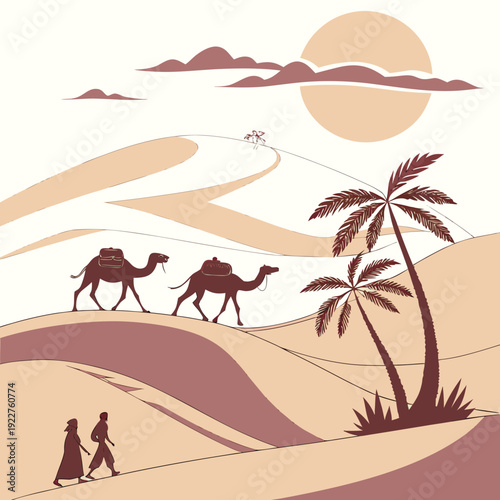 A desert scene with camels and people walking on sand dunes
