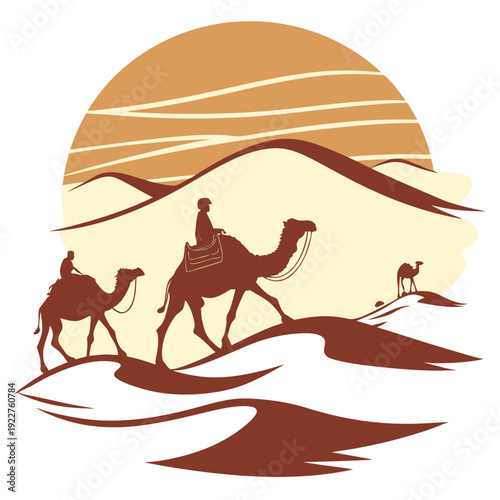 A desert scene with two camels and a person